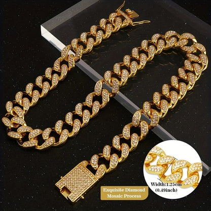 Cuban Chain Diamond Walking Metal Chain Collar with Design Secure Buckle Jewelry